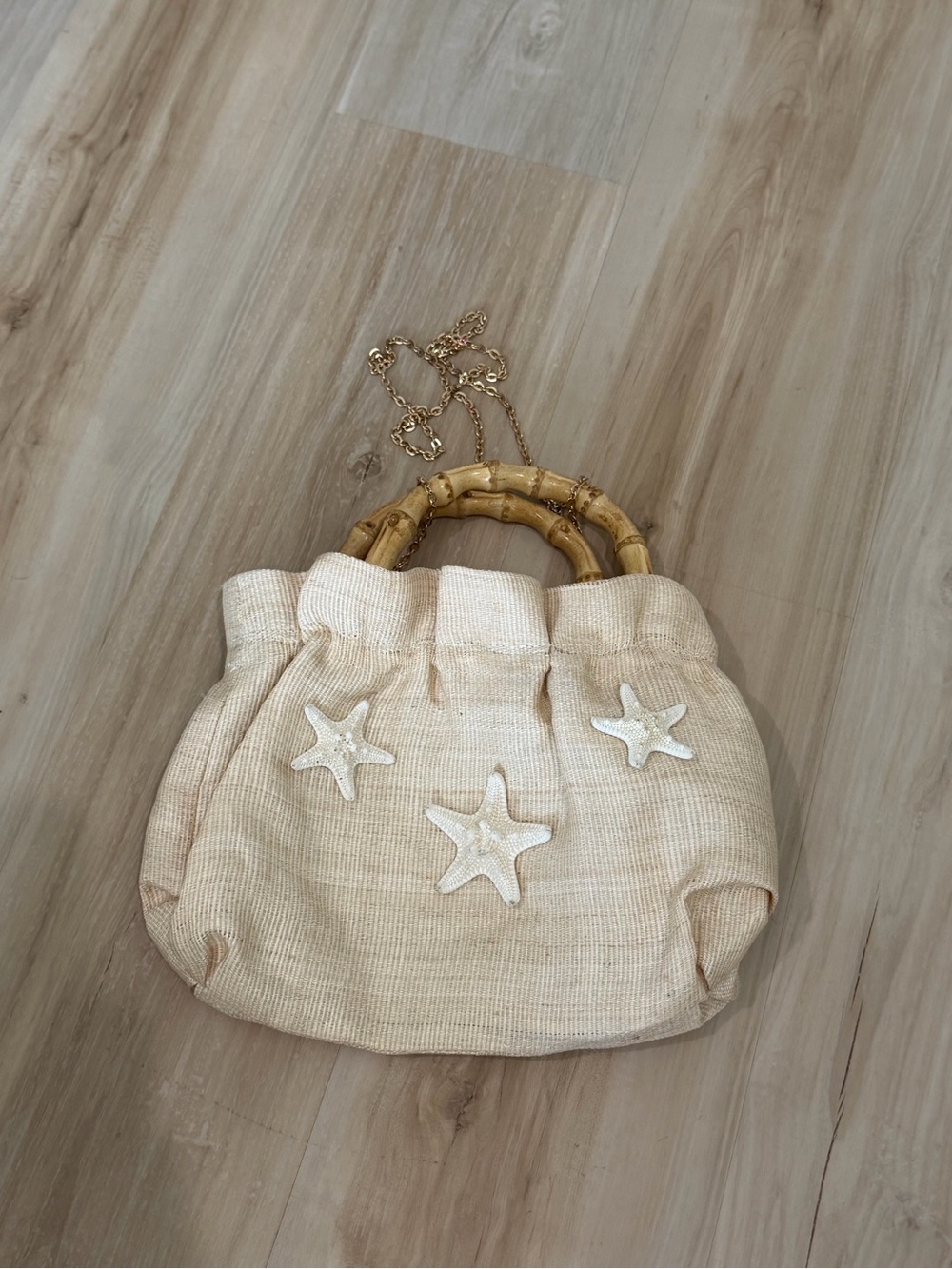 Beige Starfish Accent Straw Tote with Bamboo Handles
